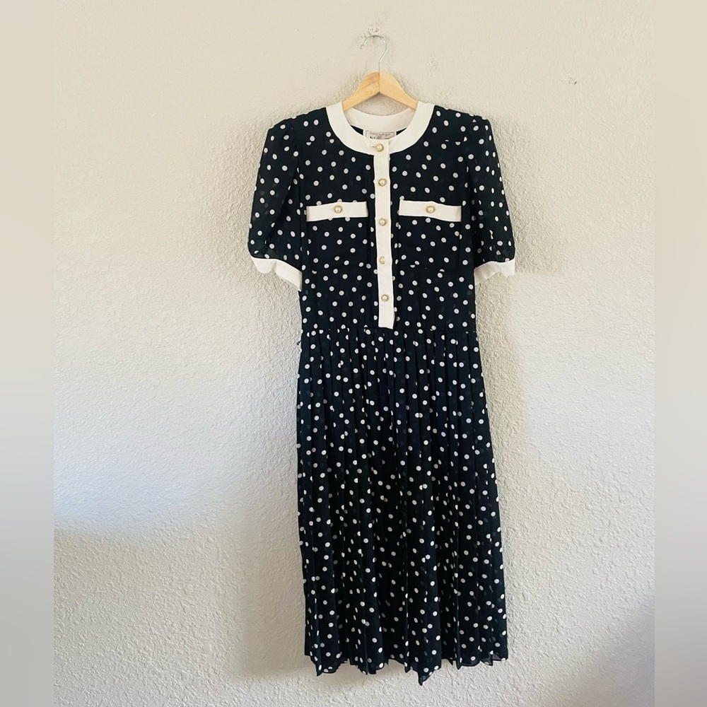 Vintage Black & Ivory Sheer Polkadot Pleated Pearl Button Dress